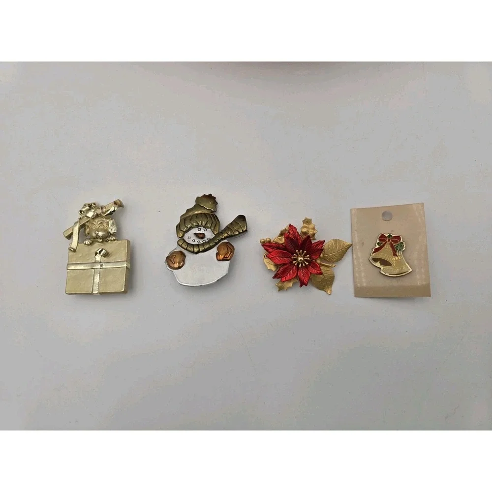 Lot of 4 Christmas Holiday Brooch Pins Snowman Puppy Pointsettia Vtg Bells